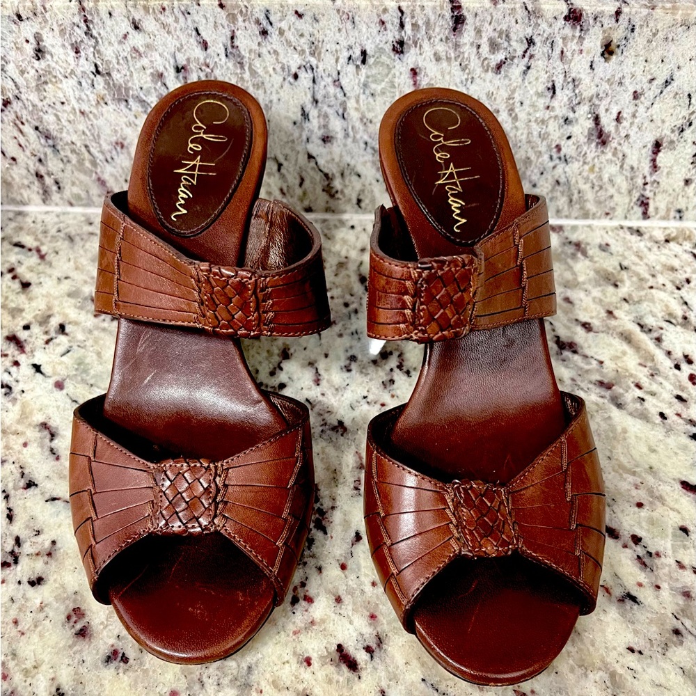 Size 6.5B Cole Haan Brown Leather Wedge Huarache Slide Sandals Great Condition!